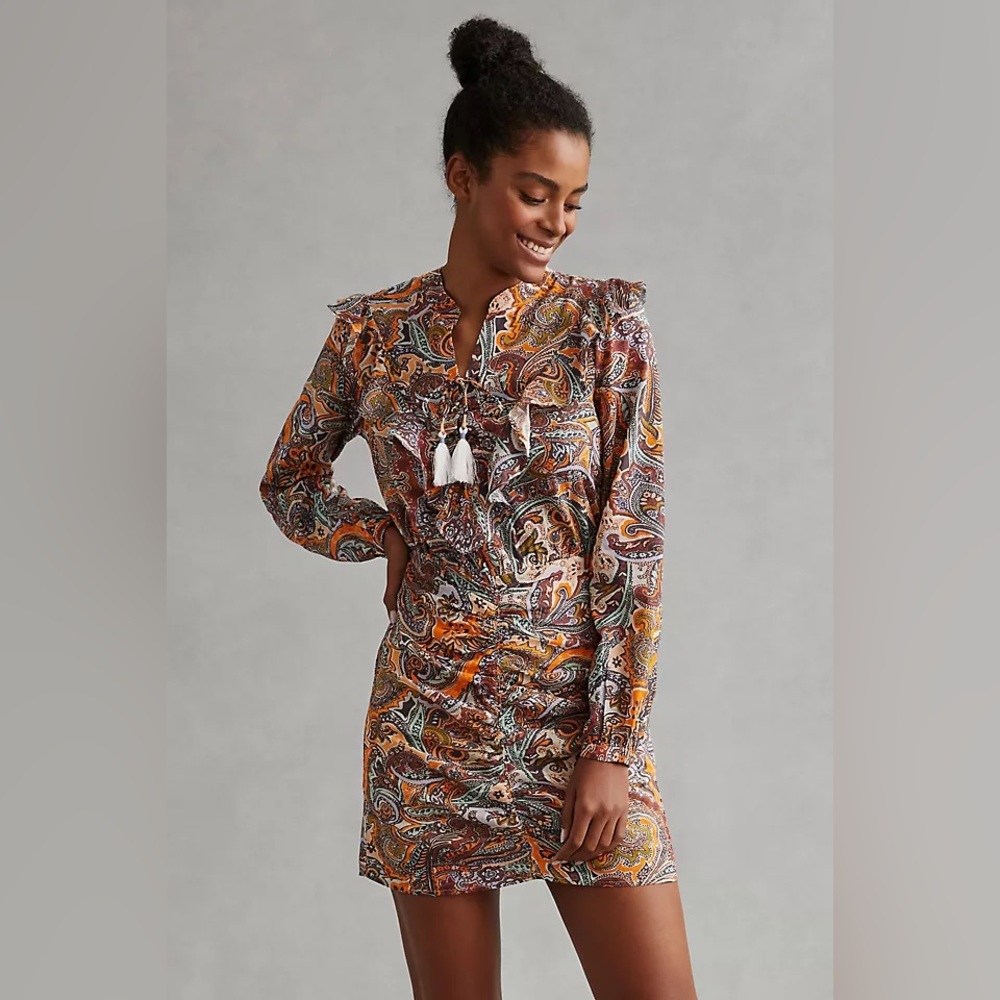 Anthropologie‎ Bohemian Western Ruffle Lace Up Paisley Long Sleeve Dress Size 4